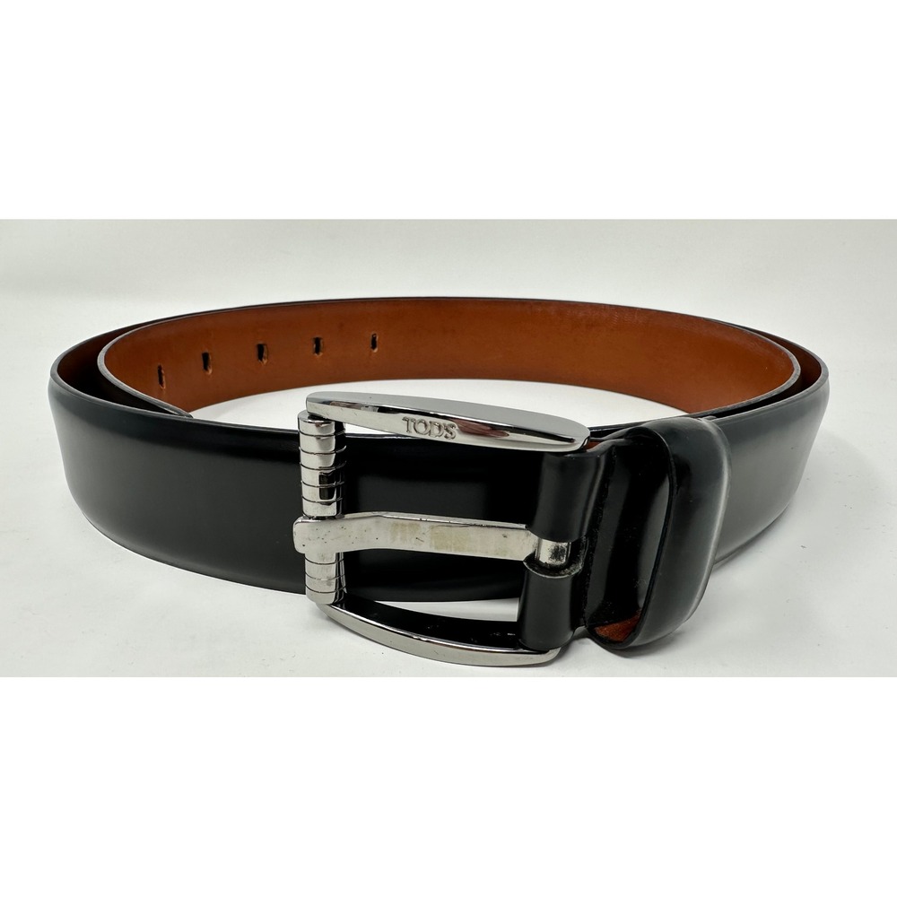 Tods Mens Black Leather Belt Silver Buckle Made in Italy Size 105 US 38